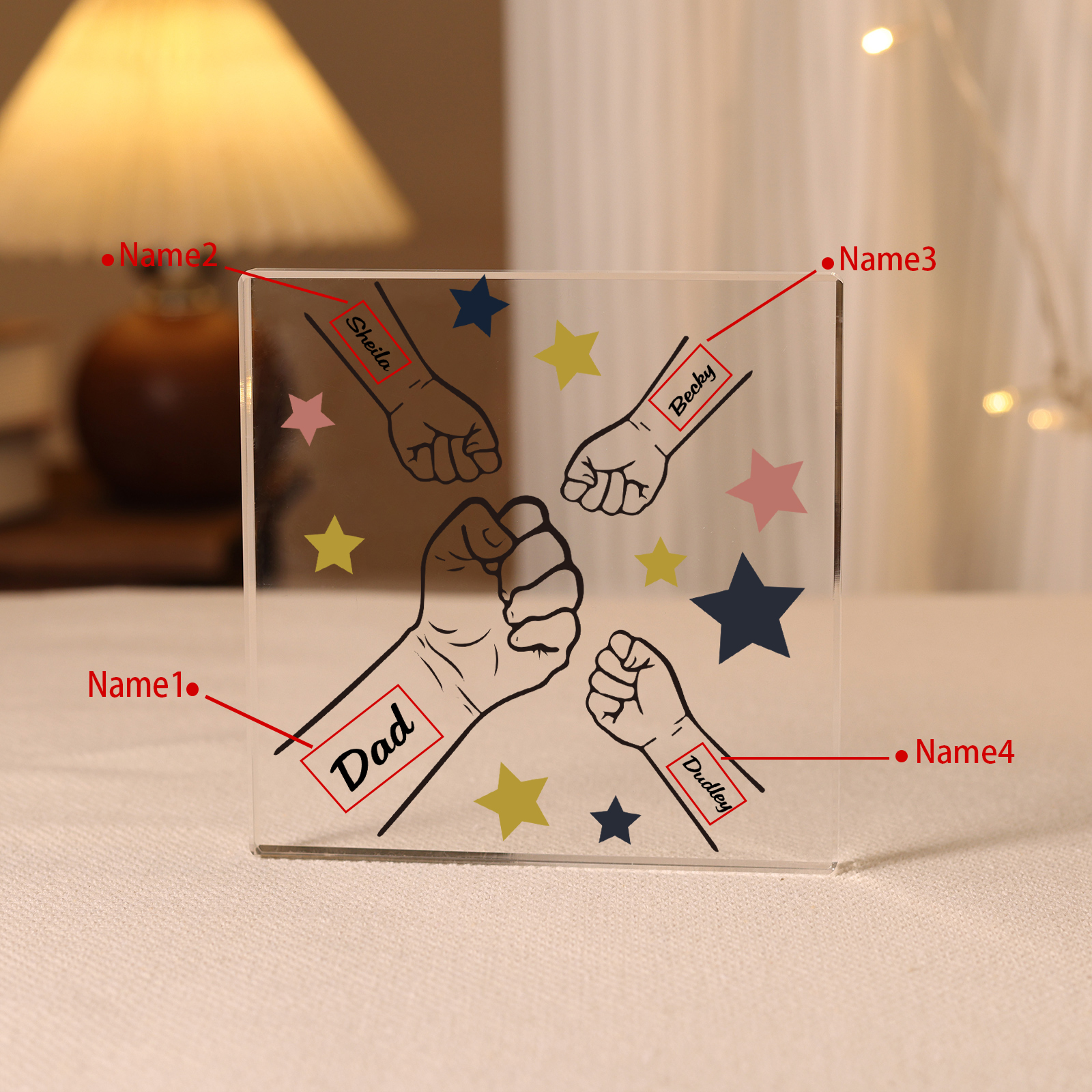 Personalised 4 Names Acrylic Square Keepsake Fist Bump Rectangle Plaque Father's Day Gifts -Jessemade AU