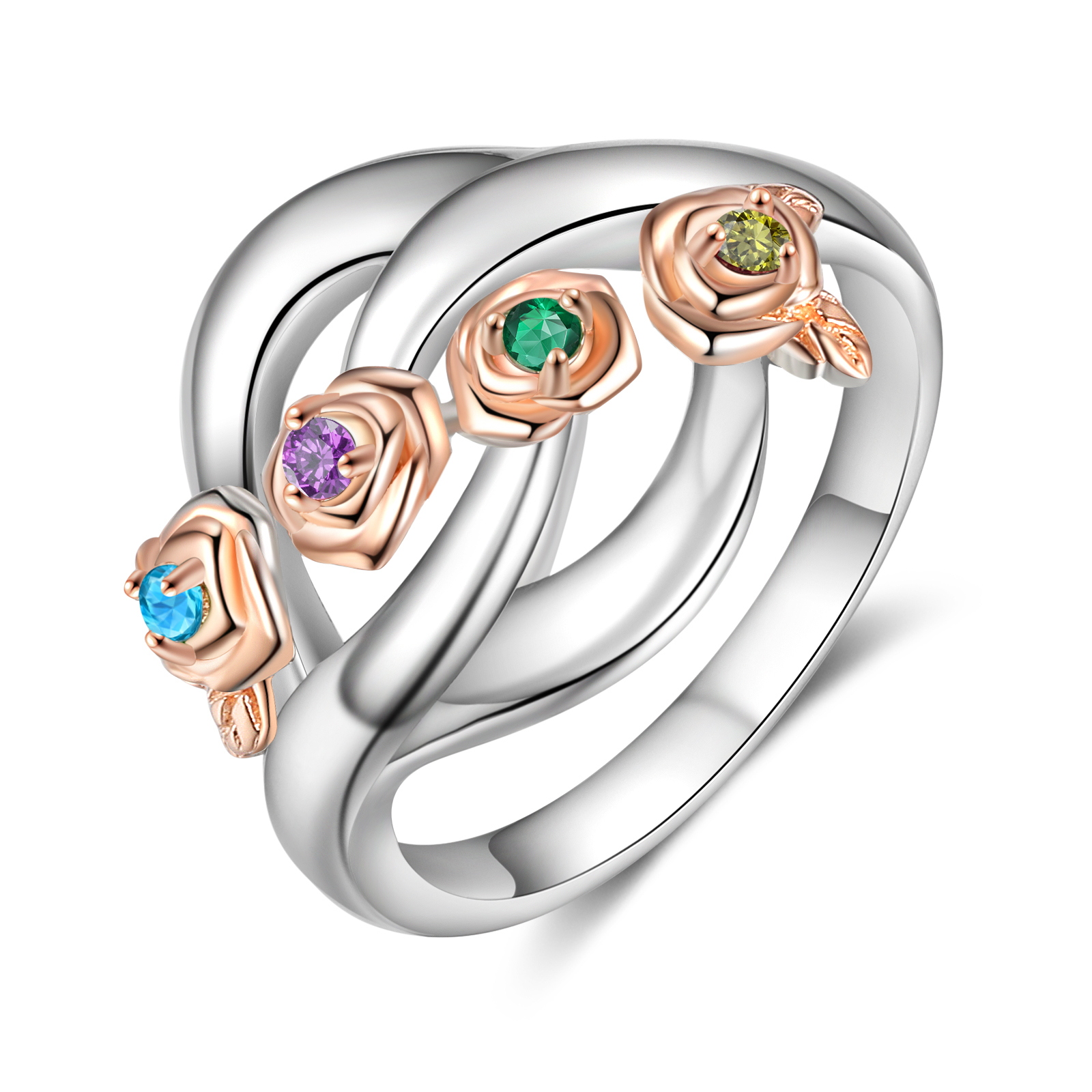 Personalised Rose Ring With 4 Birthstones Engraved Names Ring Gift For Women-Jessemade AU