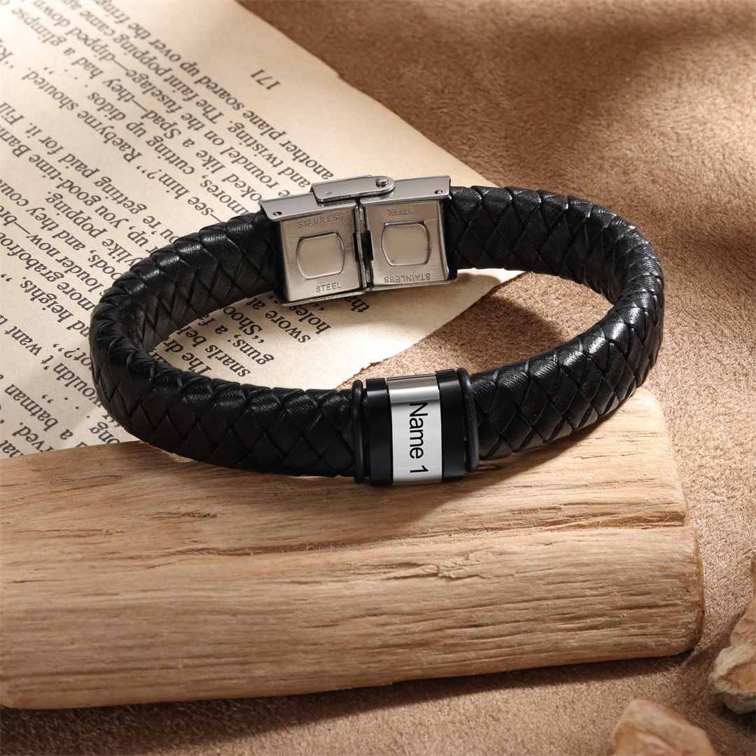 Men Leather Braided Bracelet Personalised with 1 Name Black-Jessemade AU