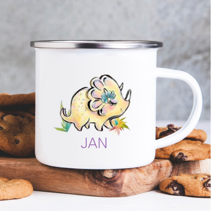 Personalised Enamel Mug Customised Name Dinosaur Cup Camping Mug Birthday Gift for Kids - Triceratops-Jessemade AU
