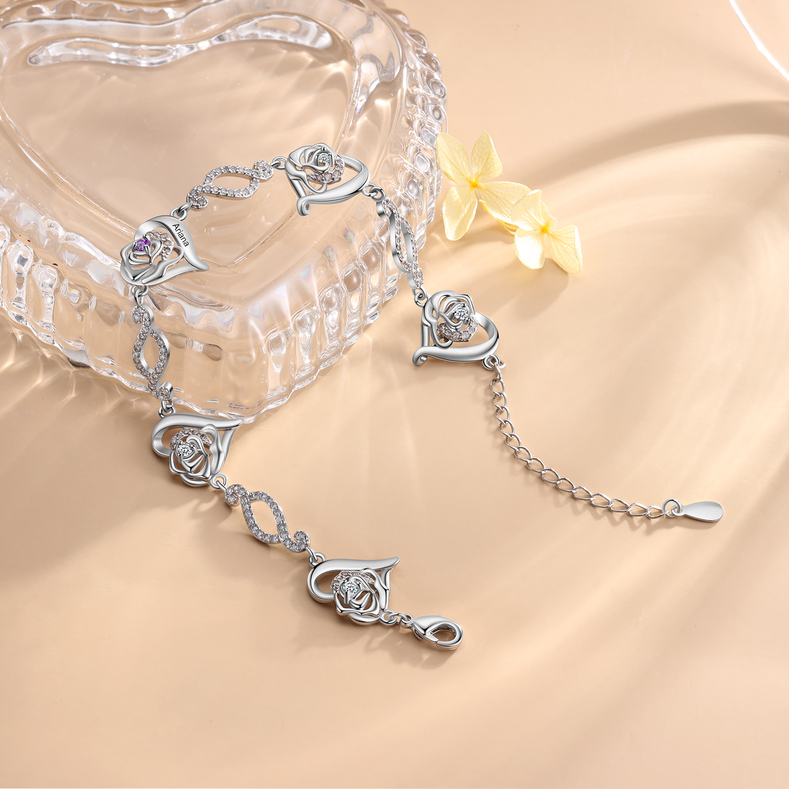 Flowers Bracelet Personalised 1 Birthstone Bracelet Engraved Names Flowers Charm Gifts For Her-Jessemade AU