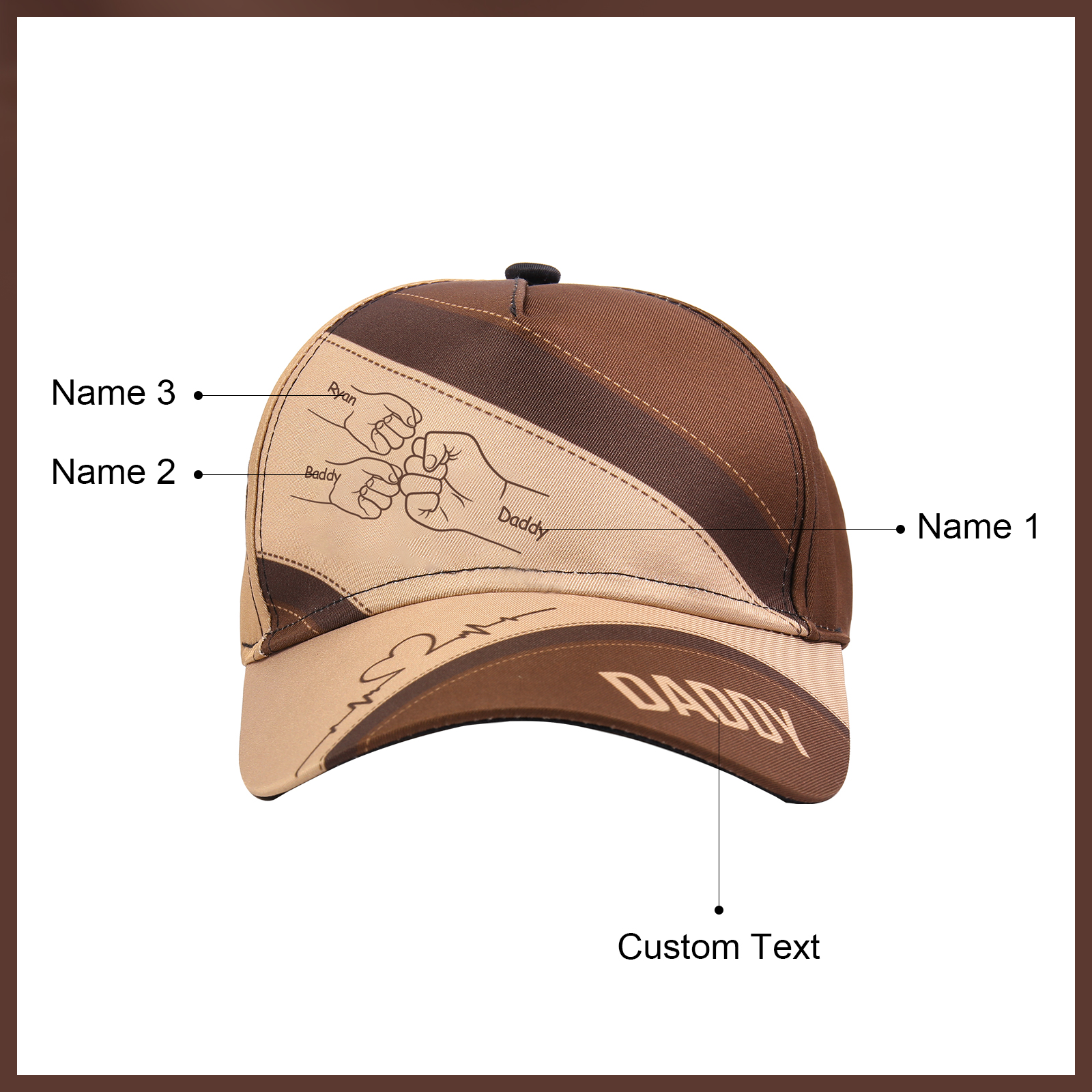 Personalised Fist Bump Classical Baseball Cap Custom 3 Names & 1 Text Snapback Adjustable Gift for Dad/Grandpa/Husband-Jessemade AU