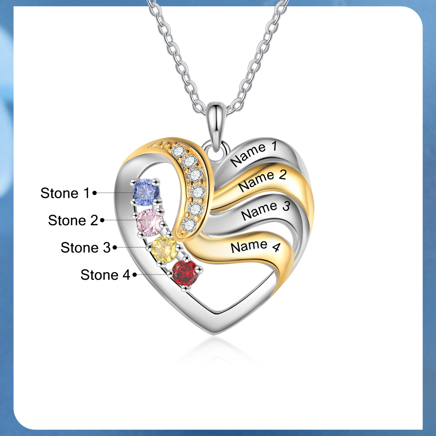 Personalised Heart Necklace with 4 Birthstones Engrave Names Family Necklace for Mom-Jessemade AU