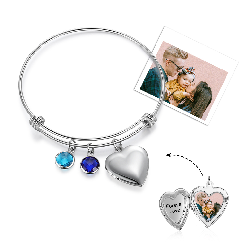 Personalised Heart Photo Locket Bracelet With Birthstones Custom Photo Bracelet Gifts For Her-Jessemade AU