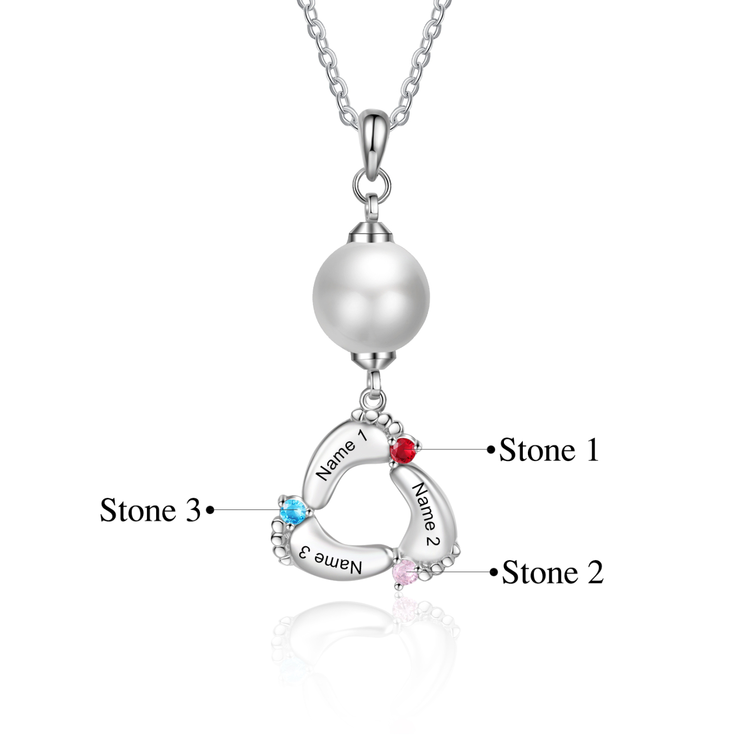 Personalised Baby Feet Pearl Necklace Custom 3 Names & Birthstones Mother Necklace-Jessemade AU