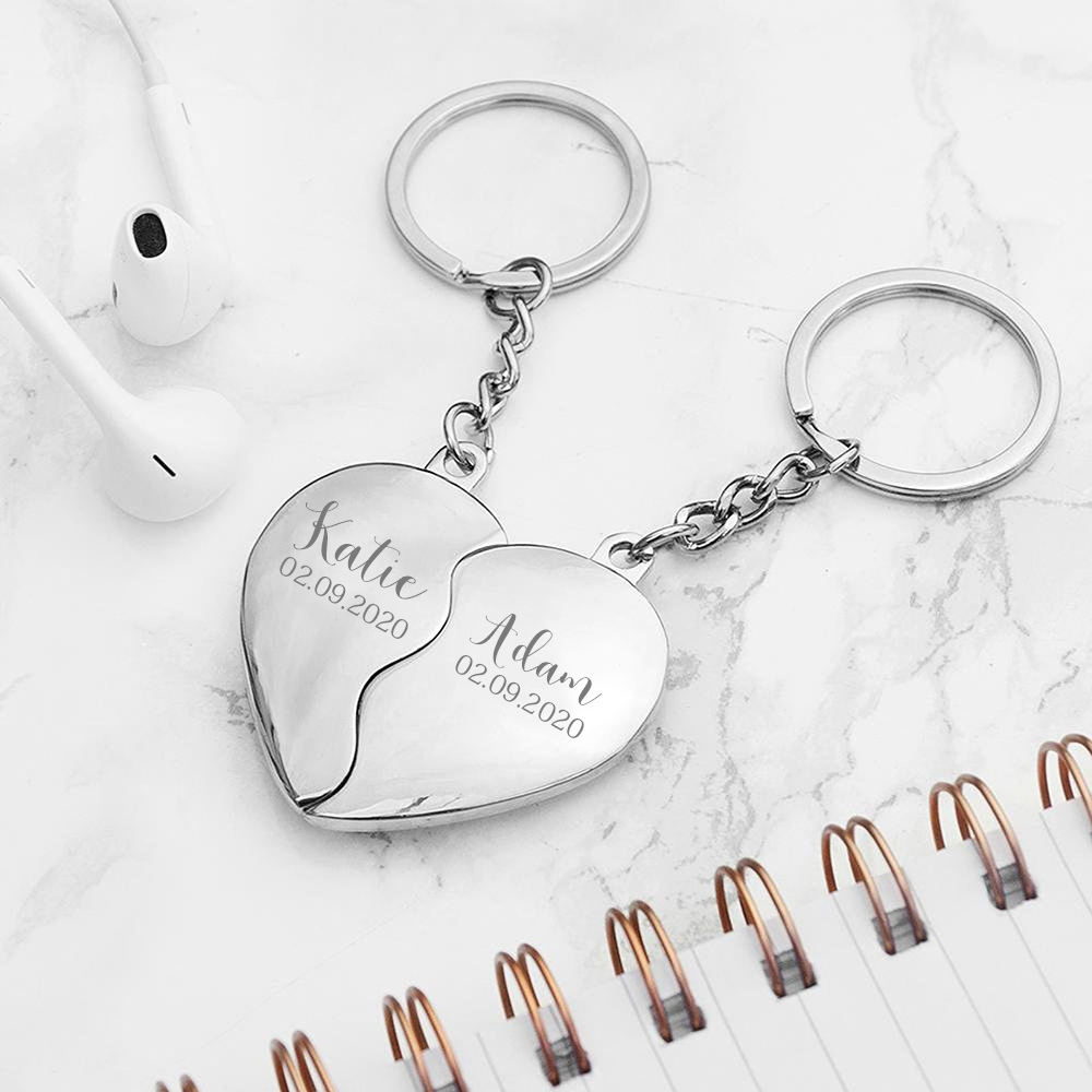 Personalised Couple Heart Keychain Set Custom 2 Names & Date Matching Couple Keyring Valentine's Day Gifts For Couples-Jessemade AU