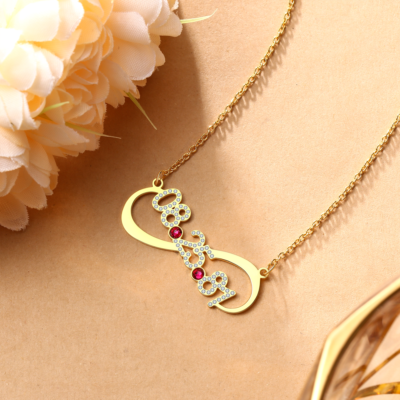 Personalised Double Hearts Birthstone Necklace With Engraving 1 Date For Lover-Jessemade AU