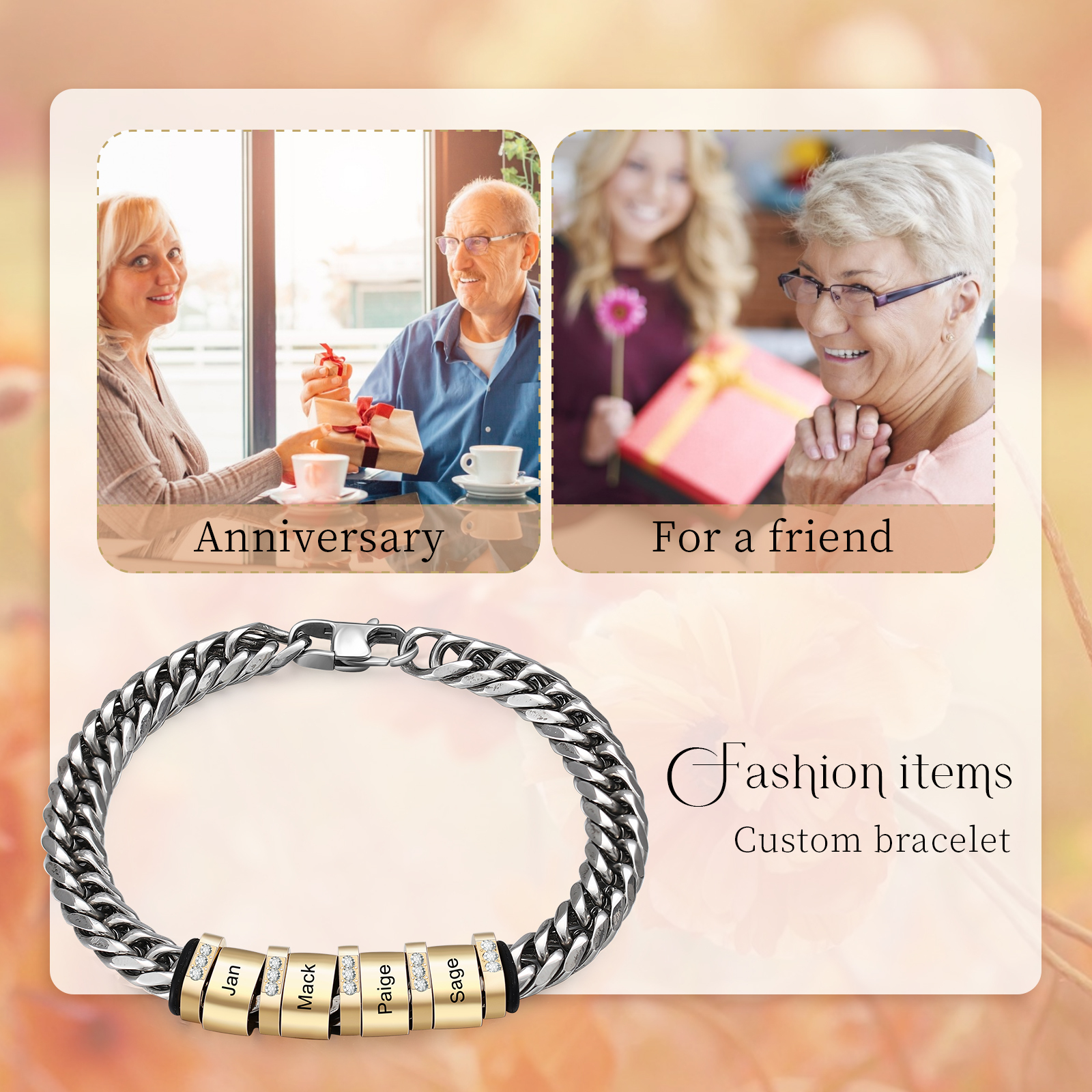 Personalised Cuban Chain Bracelet Customised Name Bracelet with 4 Beads-Jessemade AU