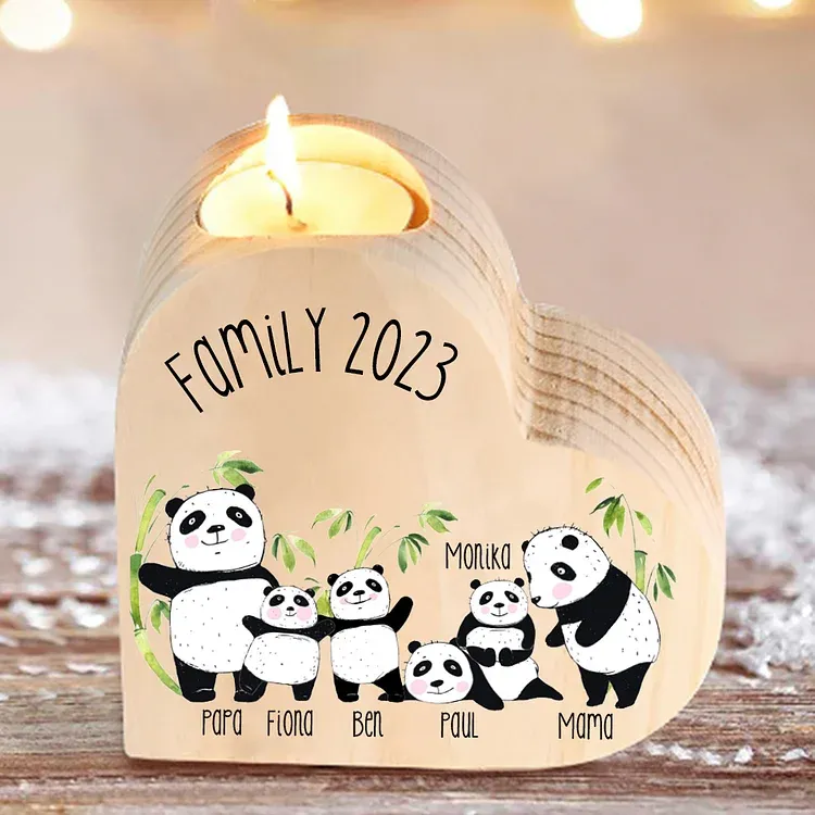 Family Panda Heart Candle Holder Personalised Wooden Candlestick Custom 6 Names-Jessemade AU