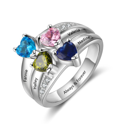 S925 Silver Ring Personalised 4 Birthstones Mothers Ring With Names Gifts For Her-Jessemade AU