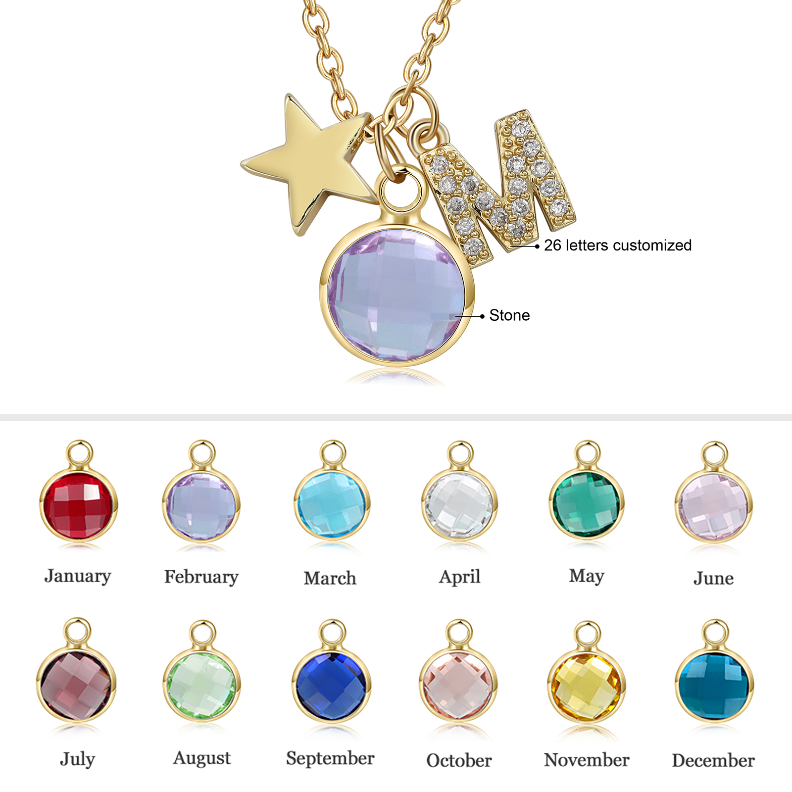 Personalised Necklace Custom Birthstone and Initial Kid's Star Pendant Necklace-Jessemade AU