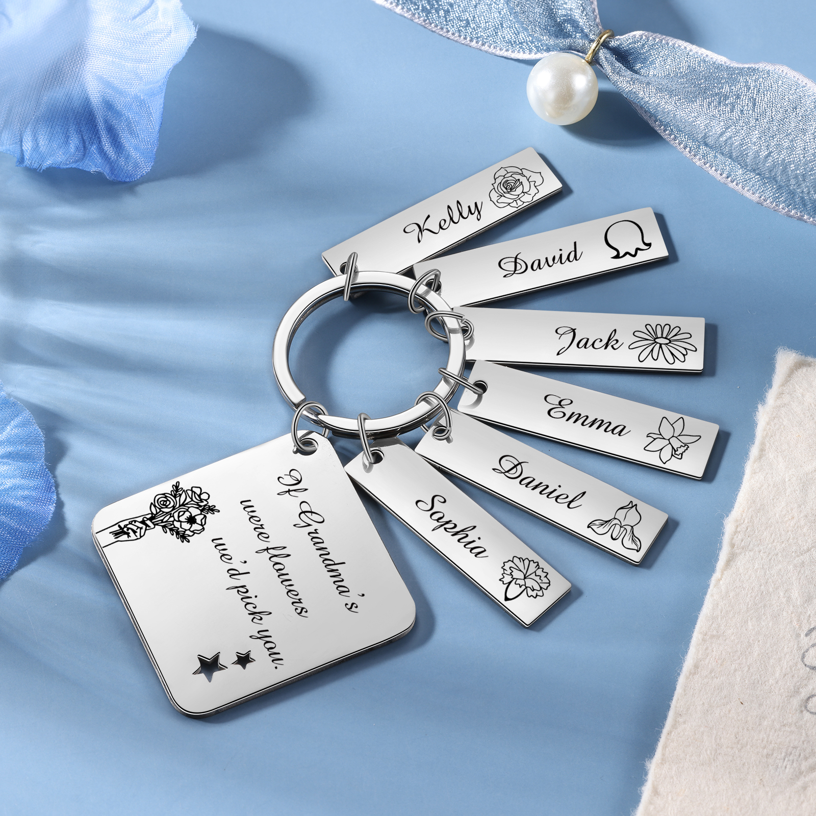 Personalised 6 Names & 6 Birth Flowers Keychain Custom Text Family Keychain Gifts for Mother/Grandma-Jessemade AU