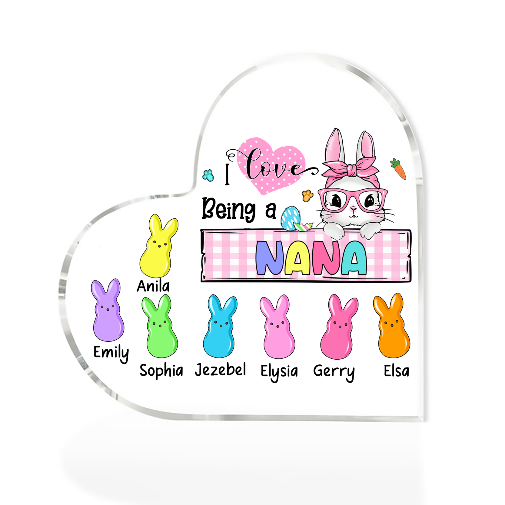 8 Names - Personalised Acrylic Heart Keepsake Custom Names Bunny Ornaments Gifts for Grandma/Mother-Jessemade AU