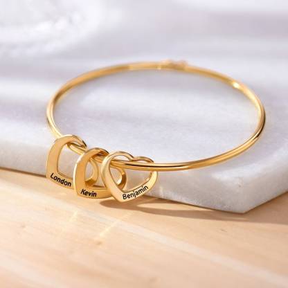 Engraved Personalised Bangle Bracelet with 5 Names with 5 Heart Shape Pendant Gift for Mother-Jessemade AU