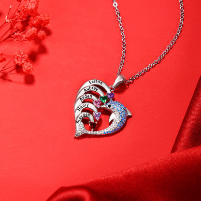Personalised Heart Dolphin Necklace With 5 Birthstones Engraved Names Gift For Her-Jessemade AU