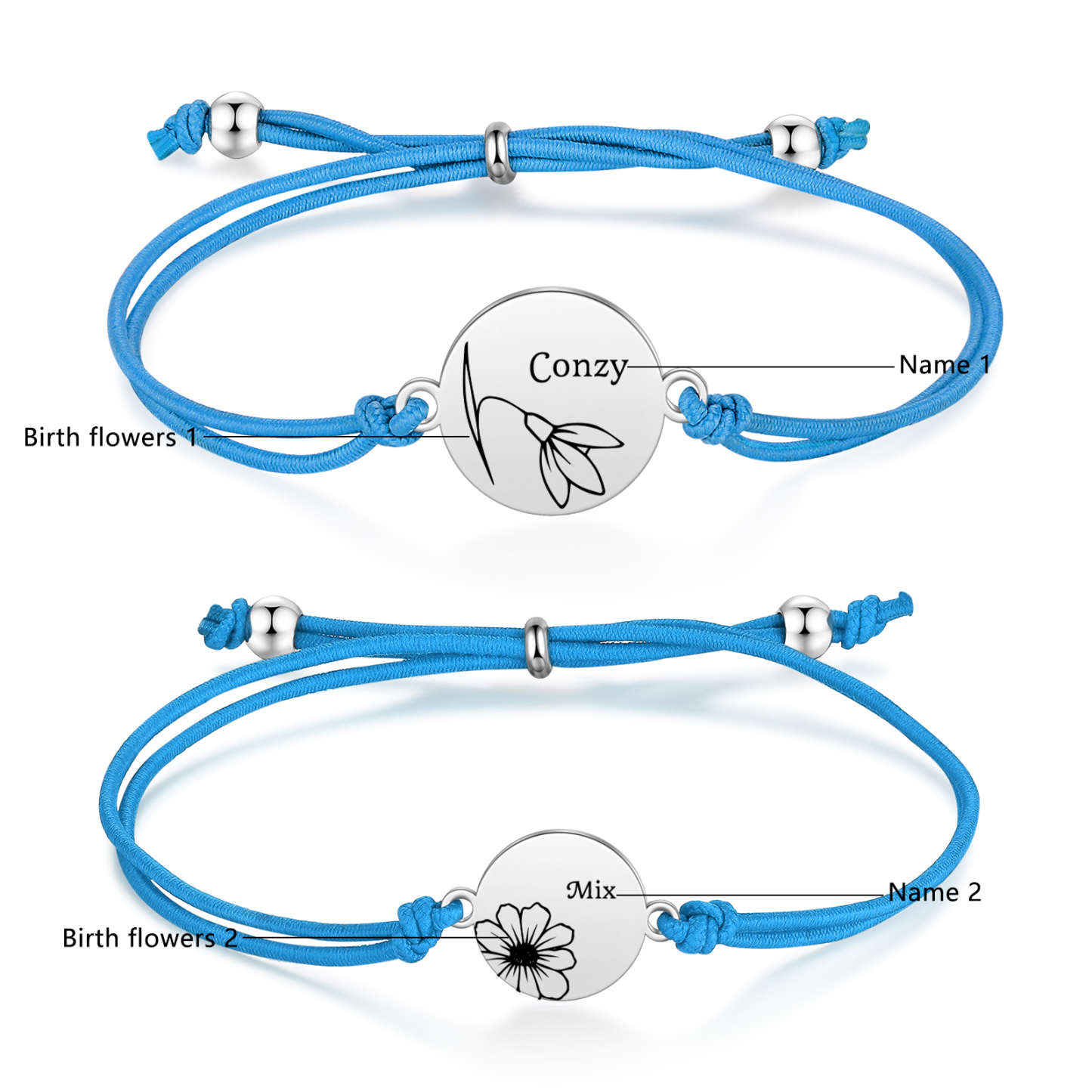 2 Pcs Bracelet Set Personalised Names & Birth Flowers Adjustable Bracelets with Message Card Back to School Gifts for Daughters-Jessemade AU