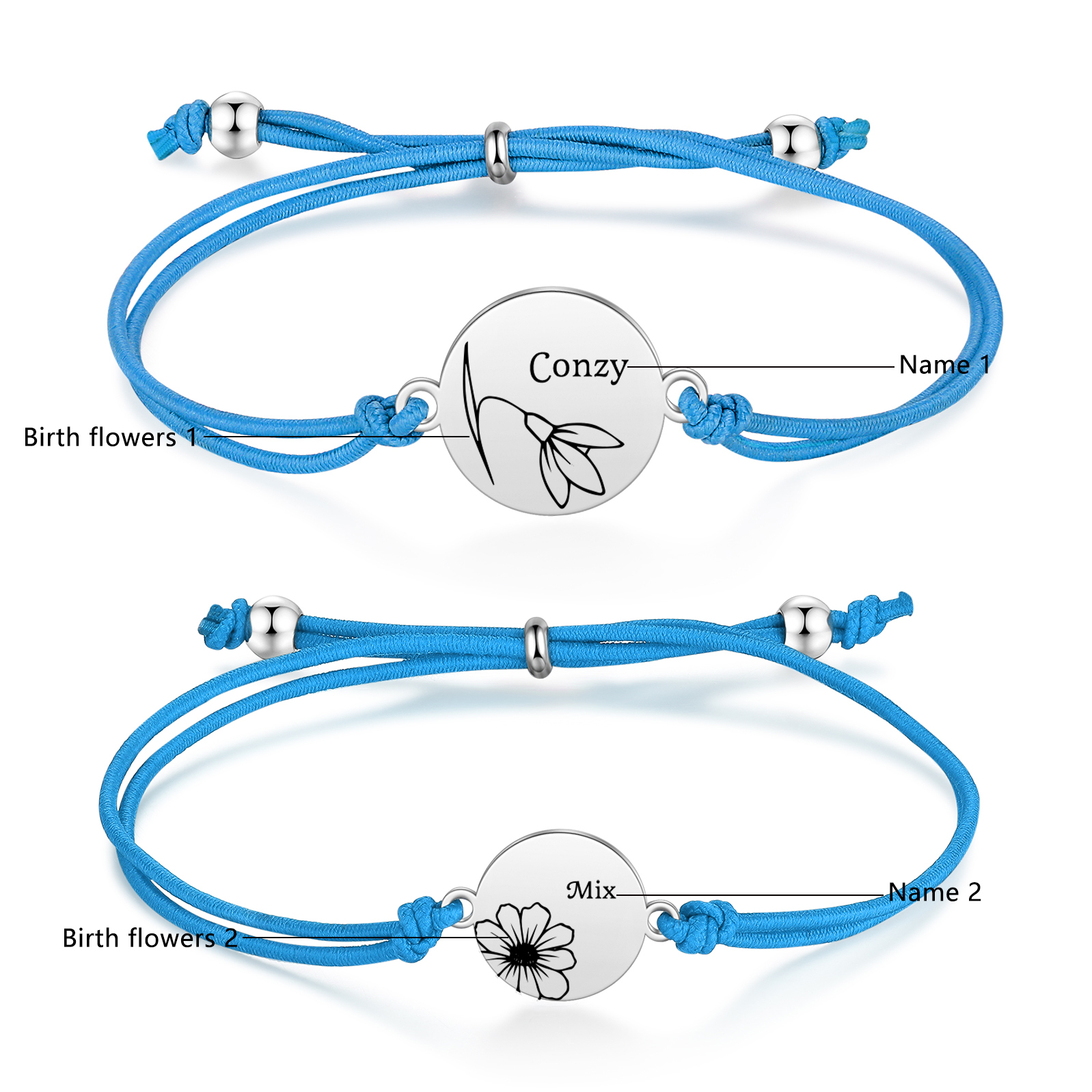 2 Pcs Bracelet Set Personalised Names & Birth Flowers Adjustable Bracelets with Message Card Back to School Gifts for Daughters-Jessemade AU