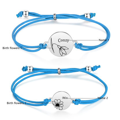 2 Pcs Bracelet Set Personalised Names & Birth Flowers Adjustable Bracelets with Message Card Back to School Gifts for Daughters-Jessemade AU