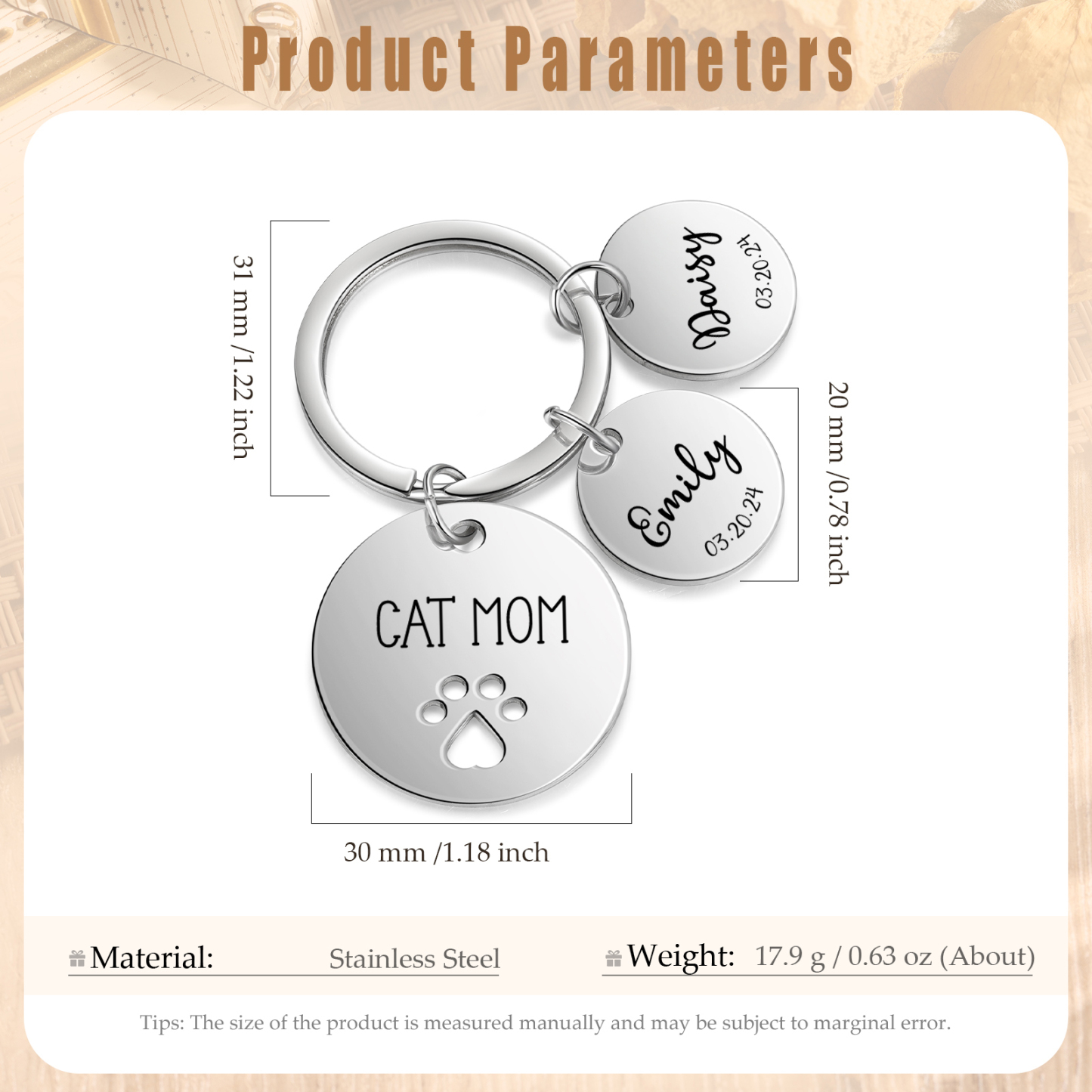 Personalised 2 Names & 2 Dates & 1 Text Keychain Cat Paw Circle Charm Keychain Gifts for Mother/Grandma-Jessemade AU