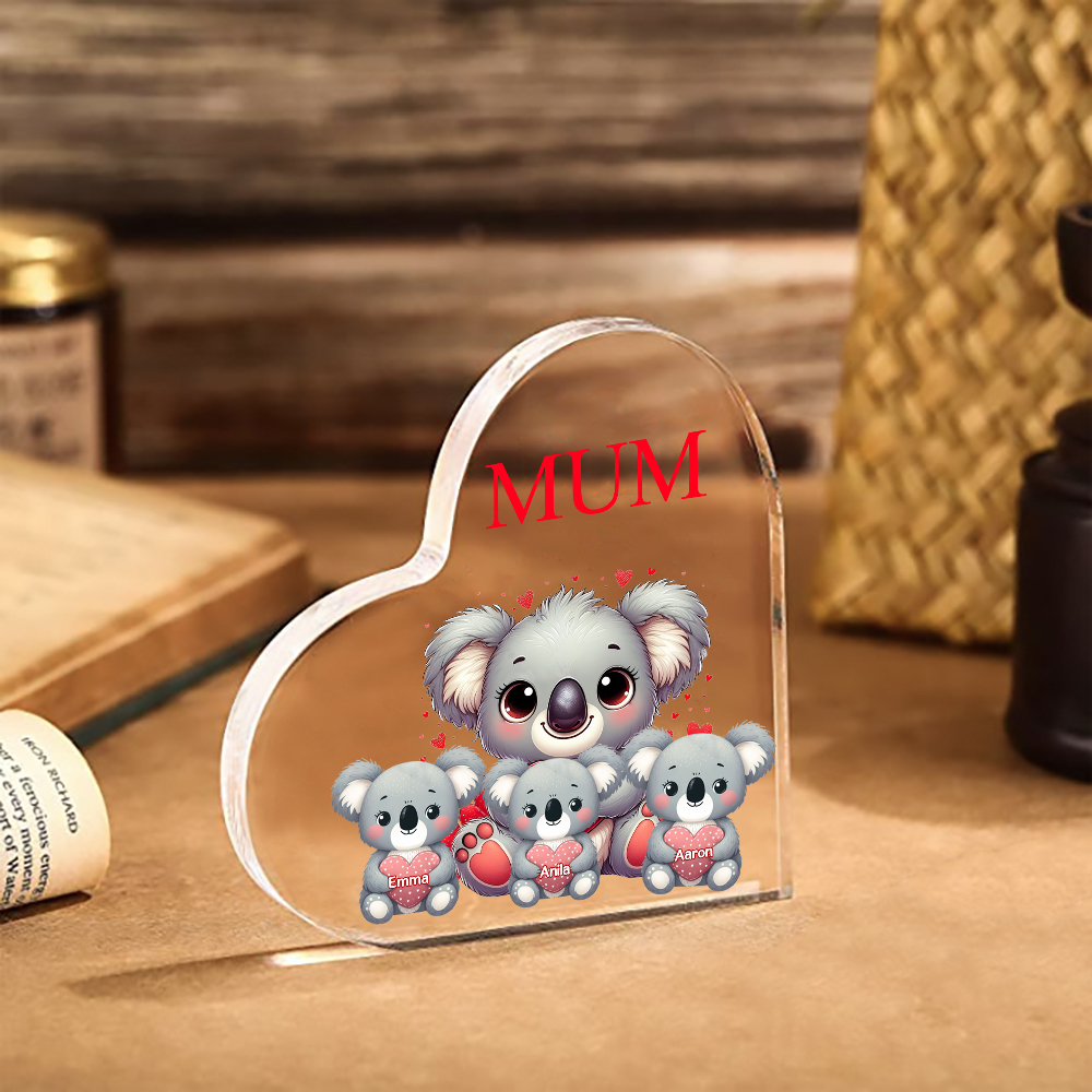 Personalised Acrylic Heart Keepsake Custom 1 Text & 3 Names Ornament Koala Family Gifts for Mother/Grandma-Jessemade AU