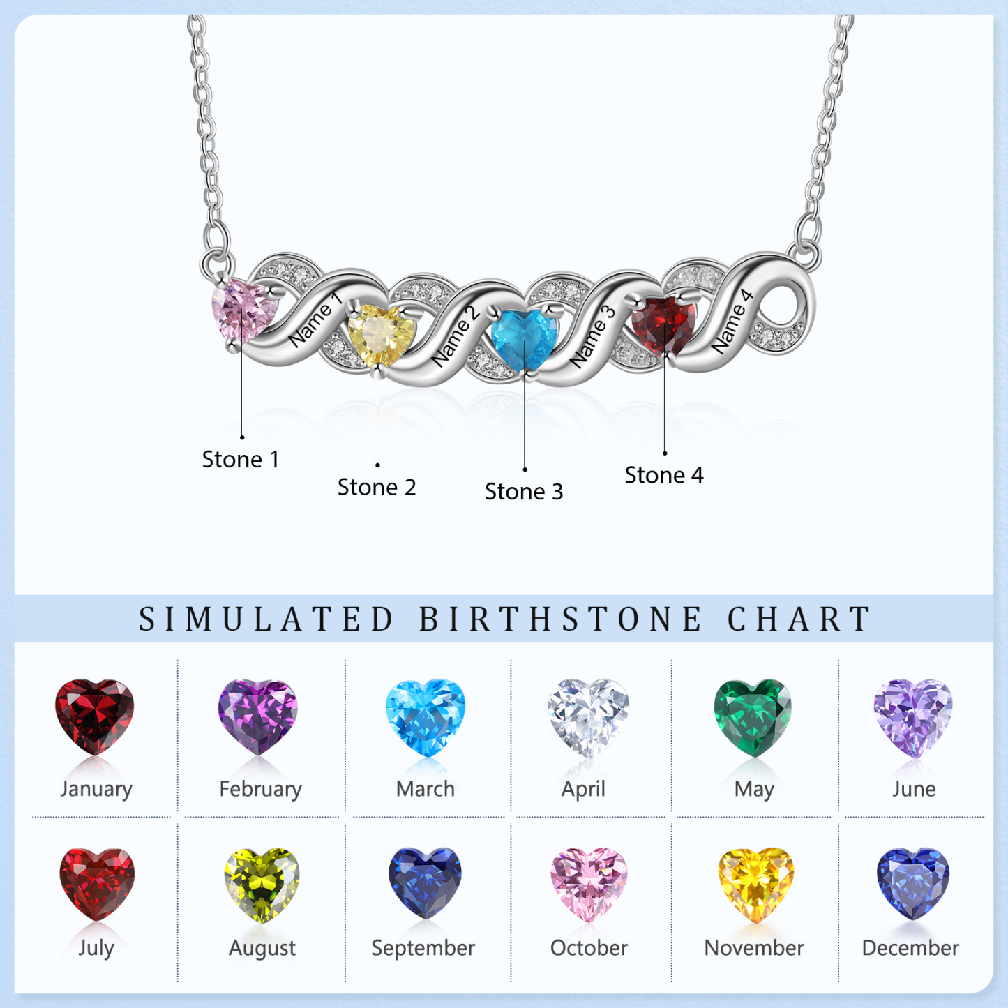 Personalised Heart Birthstone Necklace Custom 4 Names Overlap Necklace Gifts for Her-Jessemade AU
