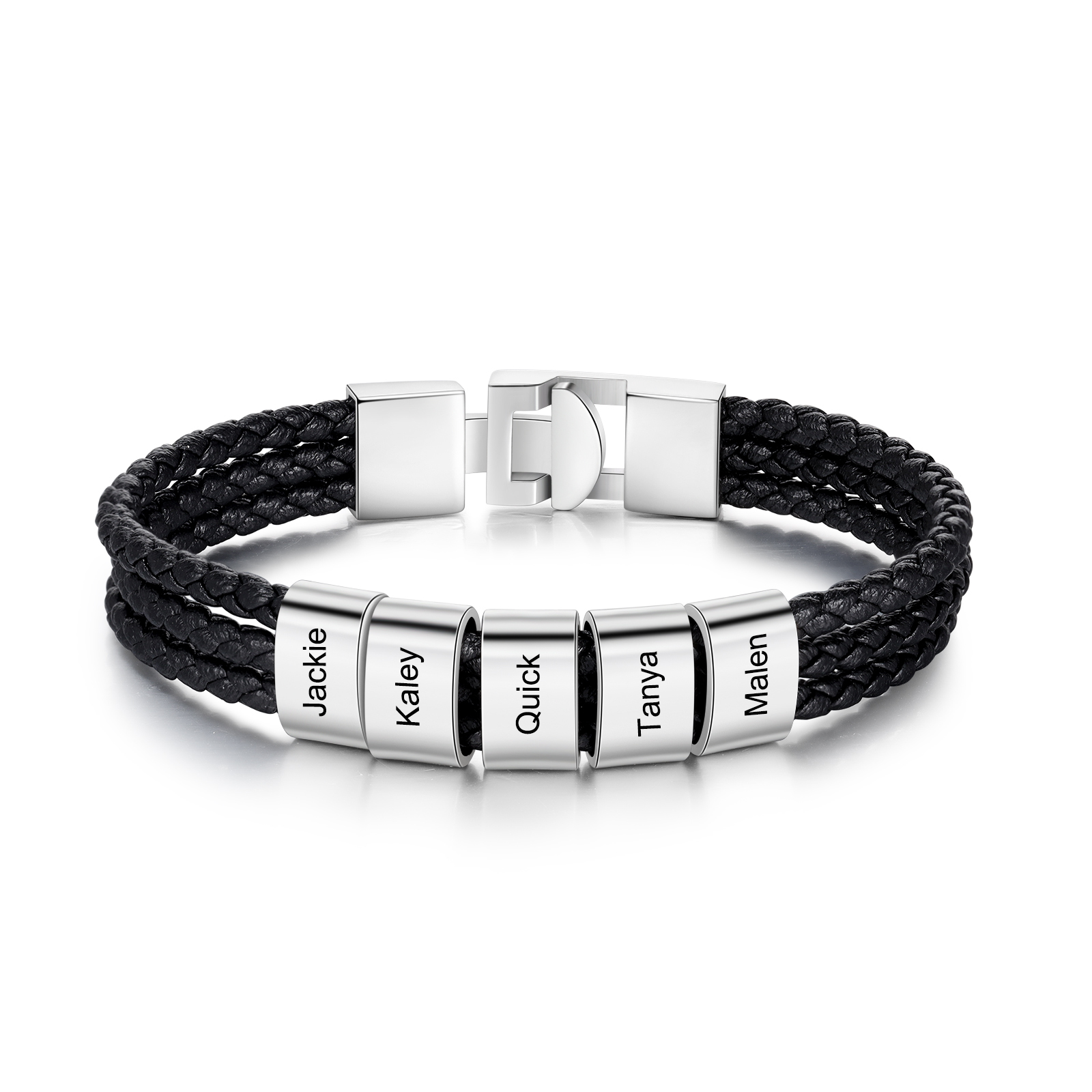 Personalised Braided Leather Bracelet Engraved 5 Names Men's Bracelet Gifts For Him-Jessemade AU