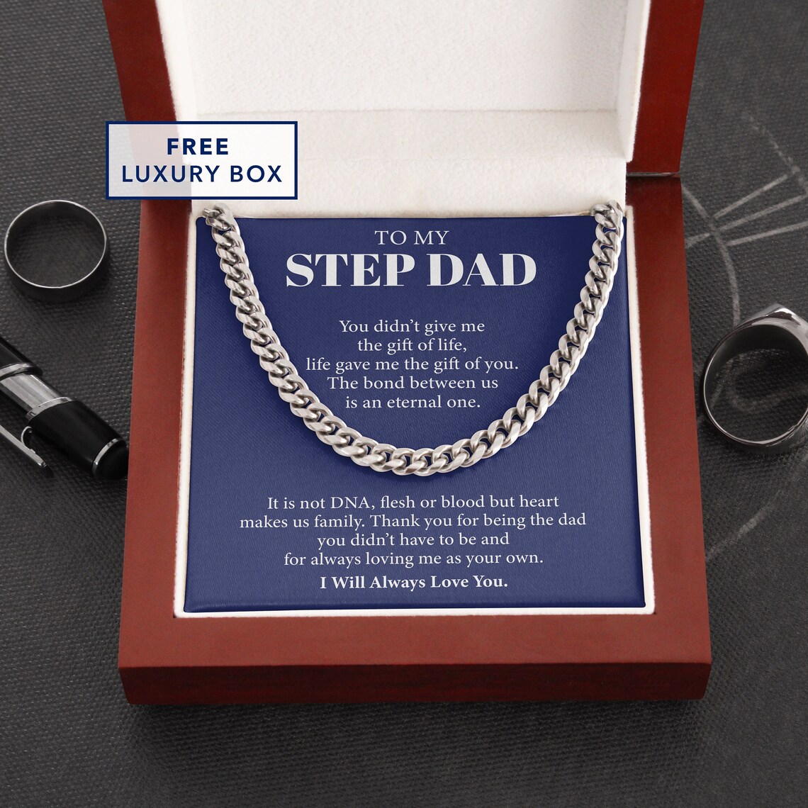 To My Stepdad Cuban Chain Necklace Stainless Steel Necklace Set Father's Day Gifts-Jessemade AU