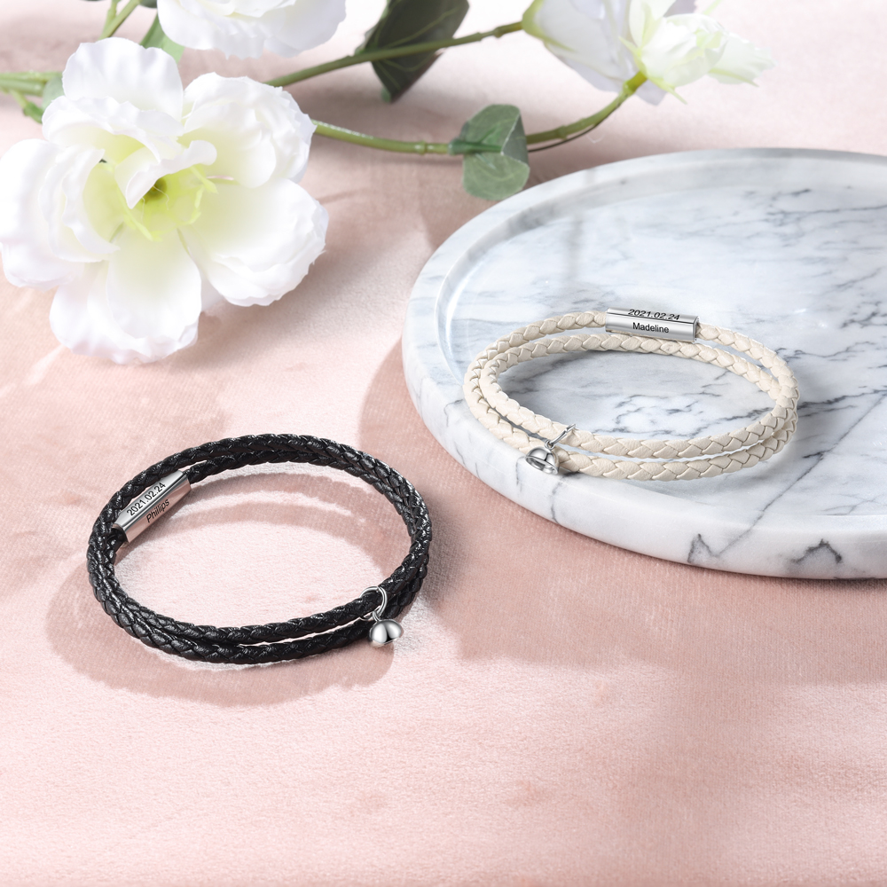 Leather Couple Magnetic Bracelet Personalised Names and Date Bracelet Set-Jessemade AU