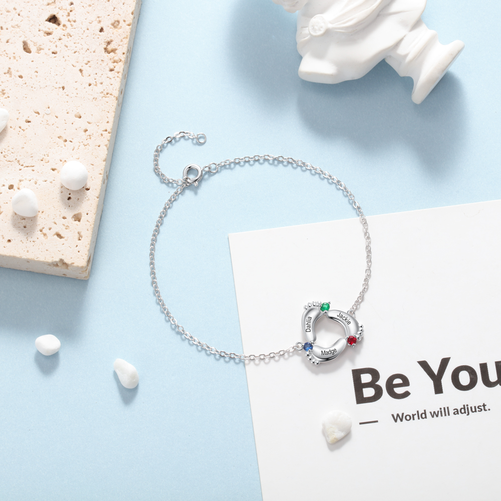 Personalised Baby Foot Bracelet With 3 Birthstones Engraved Names Gift For Mother-Jessemade AU