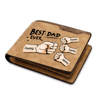 Best Dad Ever - Custom 4 Names & 1 Text Billfold Wallet Personalised Fist Bump Men's Leather Wallet