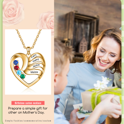 Customised Heart Necklace With 4 Birthstones Engraved Names Family Necklace Gifts for Her-Jessemade AU