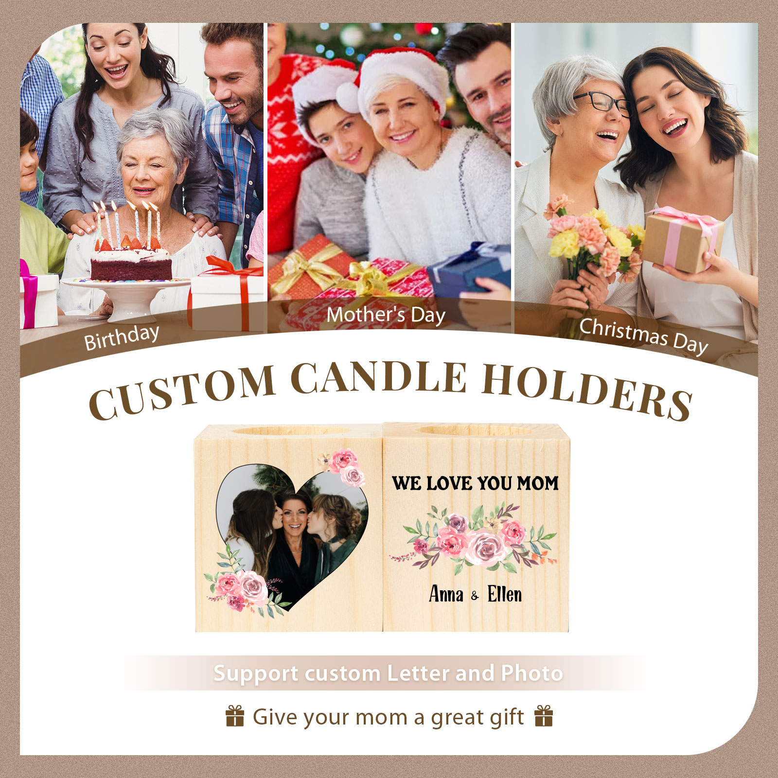 Personalised Photo Block Candle Holder We Love You Mom Wooden Candlesticks-Jessemade AU