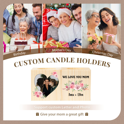 Personalised Photo Block Candle Holder We Love You Mom Wooden Candlesticks-Jessemade AU