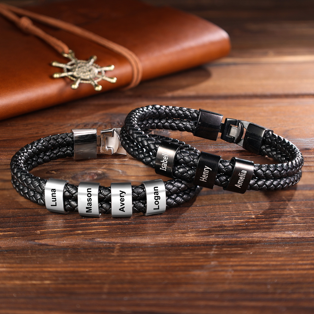 Customised Braided Leather Bracelet Engraved 6 Names Men's Bracelet for Him
