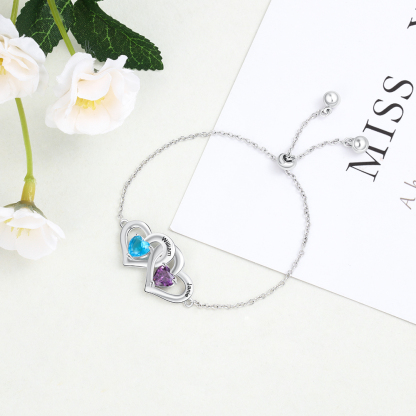 Personalised Heart Bracelet With 2 Birthstones Engraved Names Bracelet Gift For Women-Jessemade AU