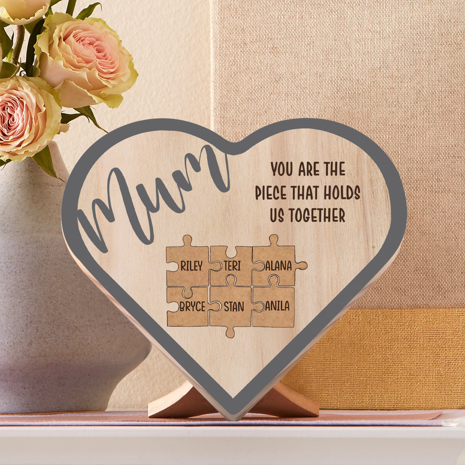 To Mum Personalised Wooden Puzzle Heart Keepsake Desktop Ornament Custom 6 Names Mothers Gifts-Jessemade AU