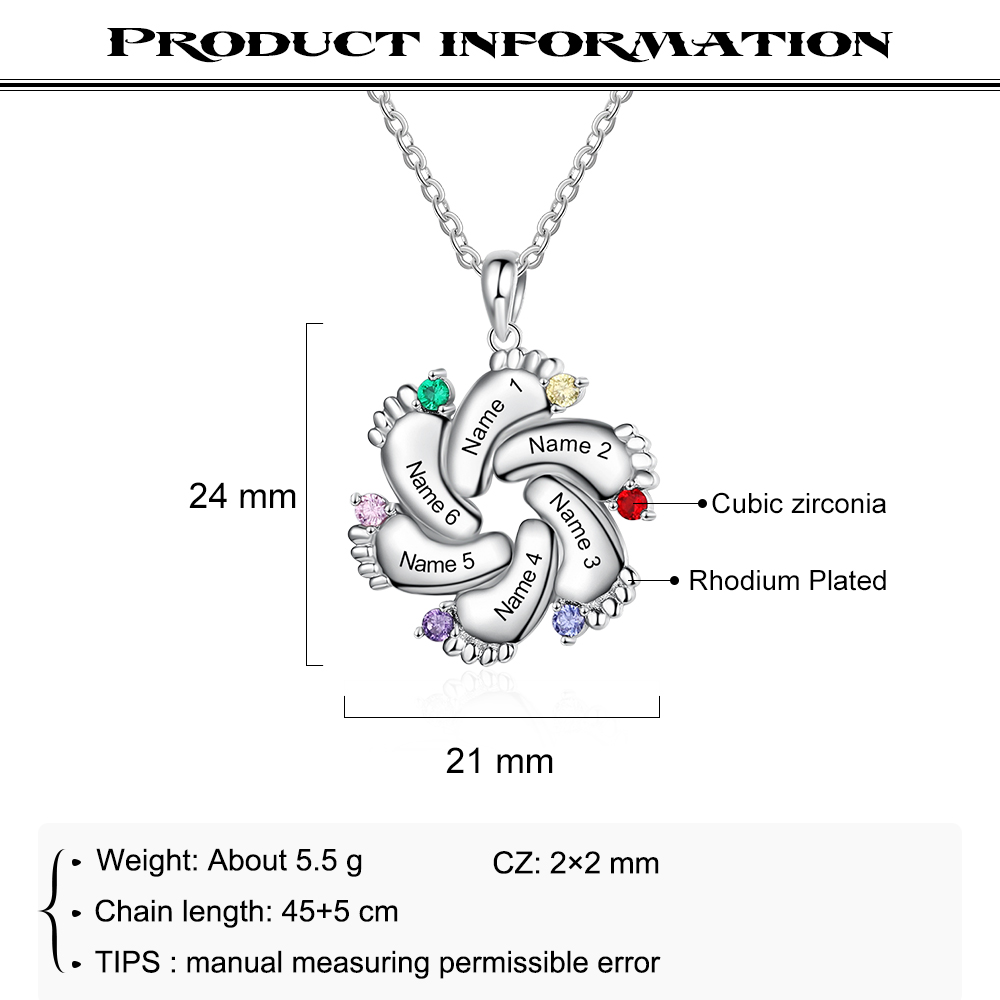Personalised Baby Foot Necklace With 6 Birthstones Engraved Names Gift For Mother-Jessemade AU