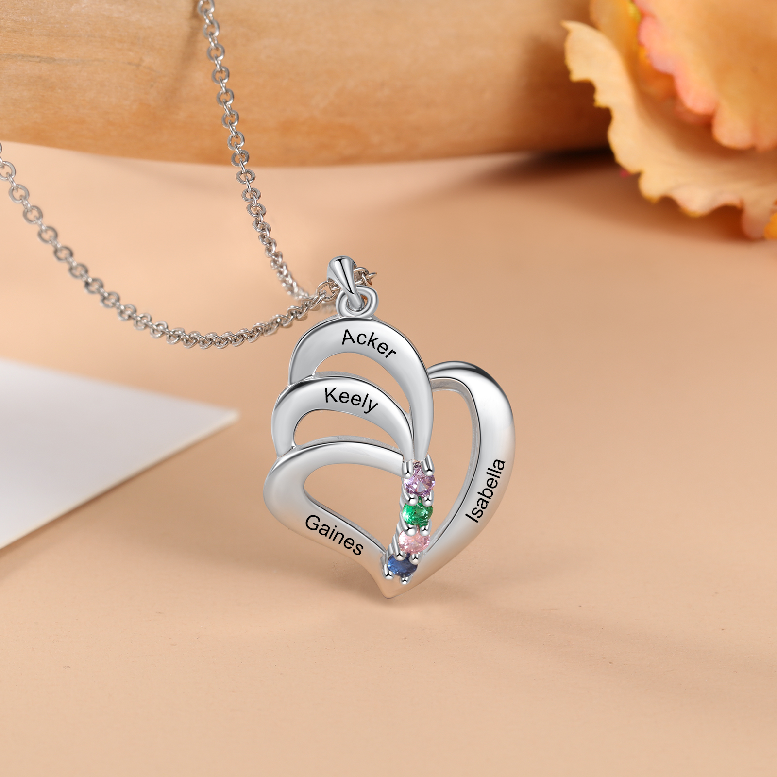 Personalised Heart Necklace With 4 Birthstones Engraved Names Gift For Her-Jessemade AU