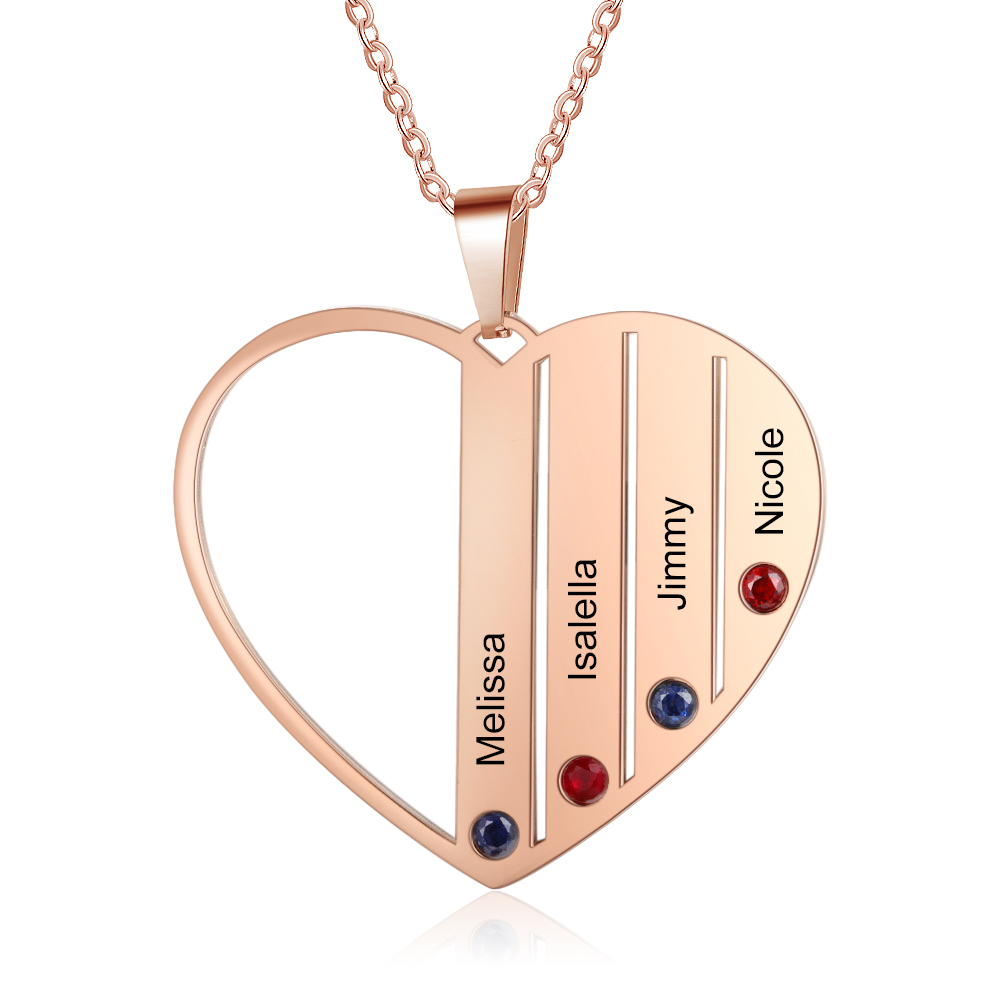 Personalised Heart Necklace With 4 Birthstones Engraved Names Gift For Her-Jessemade AU