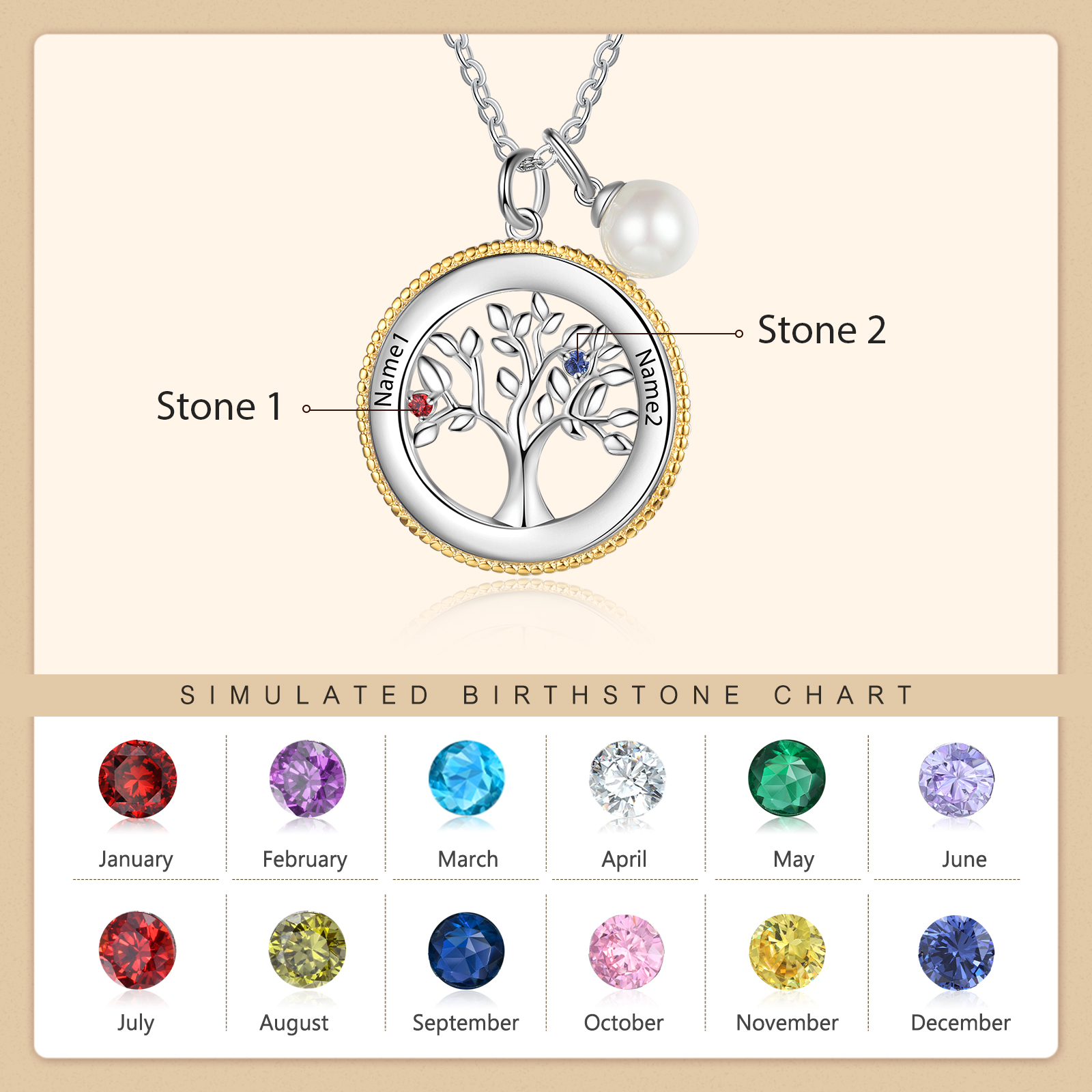 Personalised Family Tree Necklace With 2 Birthstones Engraved Names Necklace Gift For Women-Jessemade AU