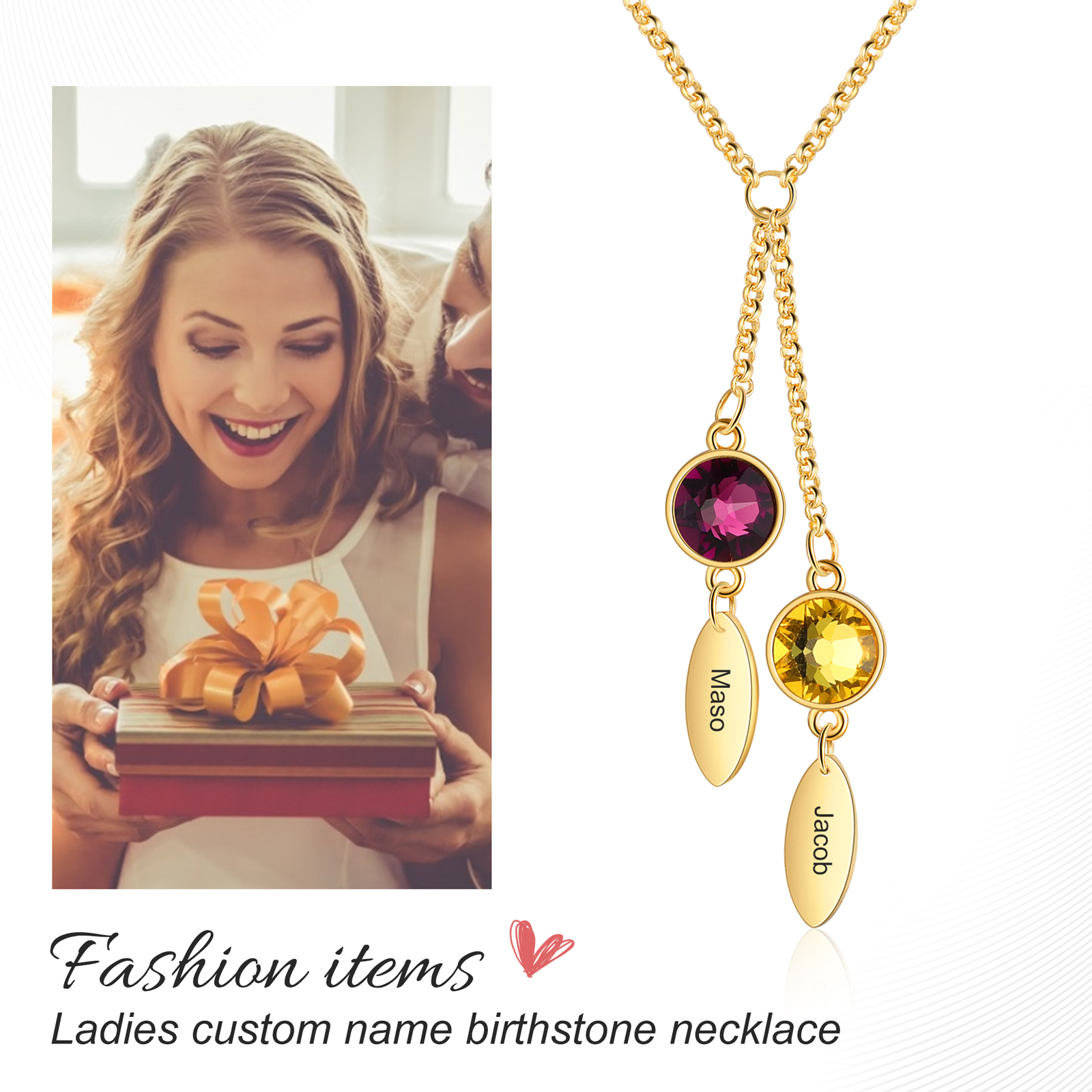 Personalised Bar Necklace With 2 Birthstones Engraved Names Necklace Best Gift For Mother-Jessemade AU