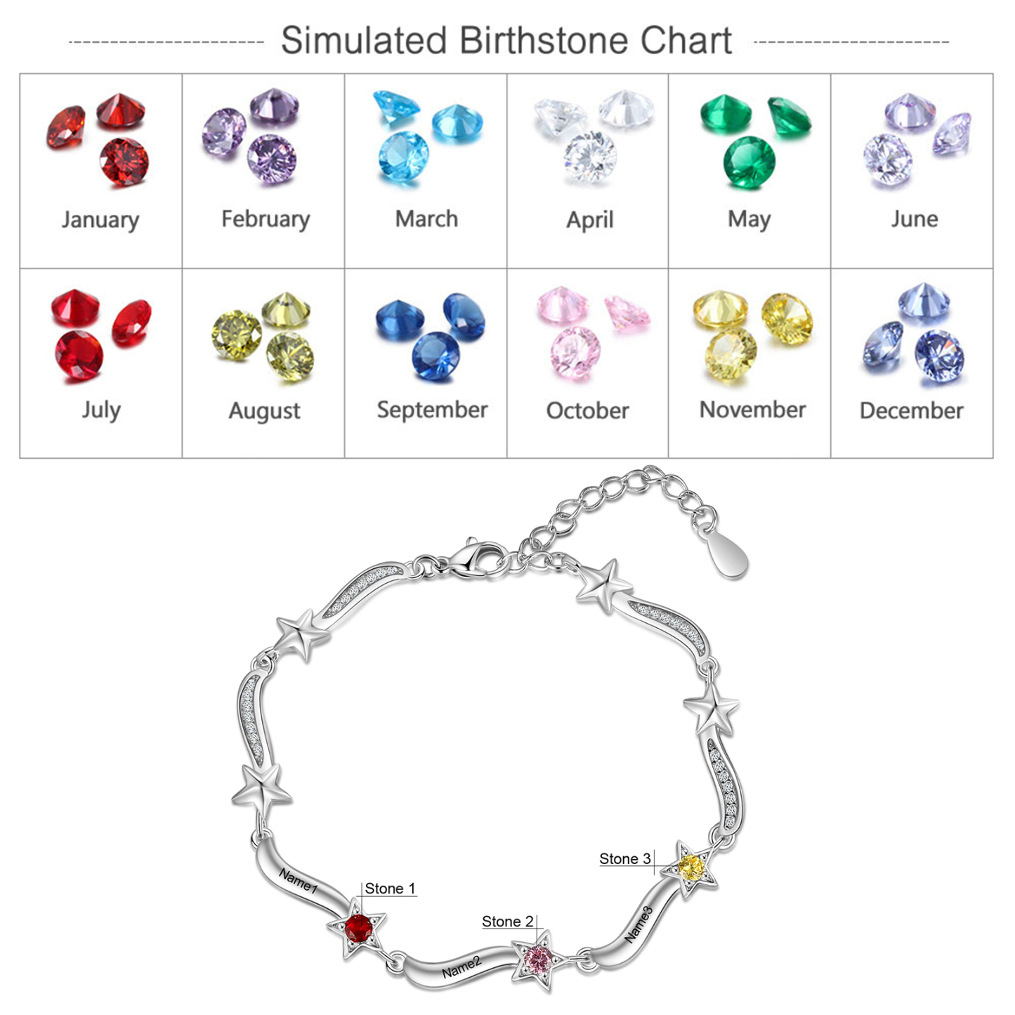 Personalised Star Bracelet With 3 Birthstones Custom Names Bracelet Gift For Women-Jessemade AU
