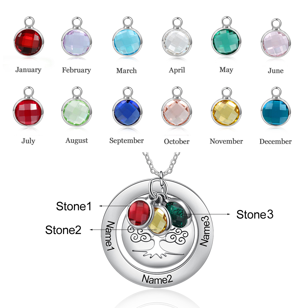 Personalised Family Tree Necklace with 3 Birthstones Engraved Names Gift For Women-Jessemade AU