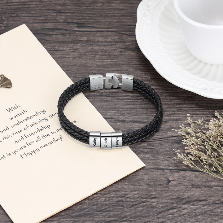 Personalised Braided Leather Bracelet Engraved 3 Names Men's Bracelet Gifts For Him-Jessemade AU
