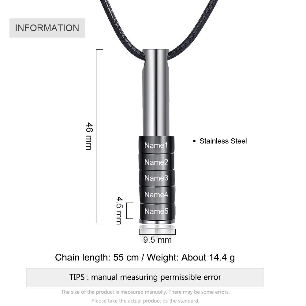 Personalised Vertical Cylinder Pendant Necklace with Beads Engraved 5 Names Men's Necklace for Him-Jessemade AU