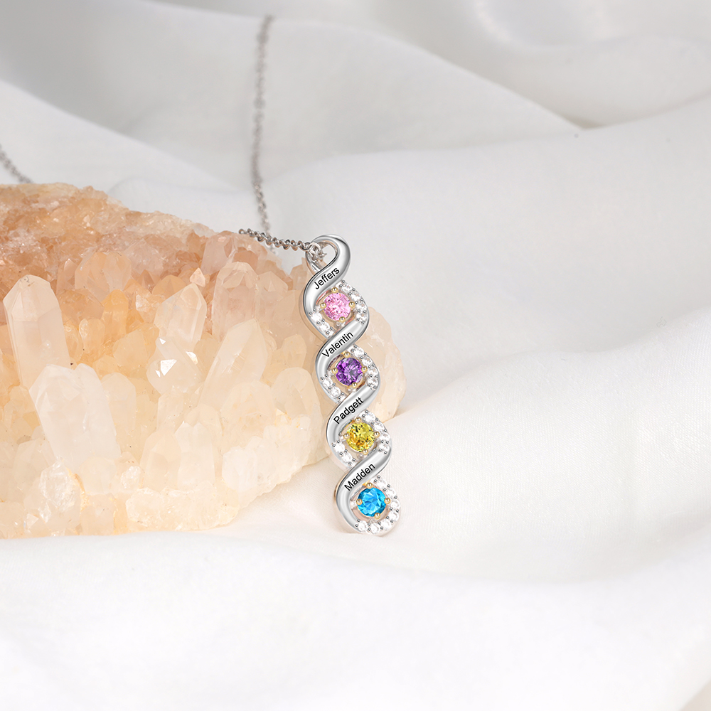 Personalised DNA Necklace With 4 Birthstones Engraved Names Gift For Women-Jessemade AU