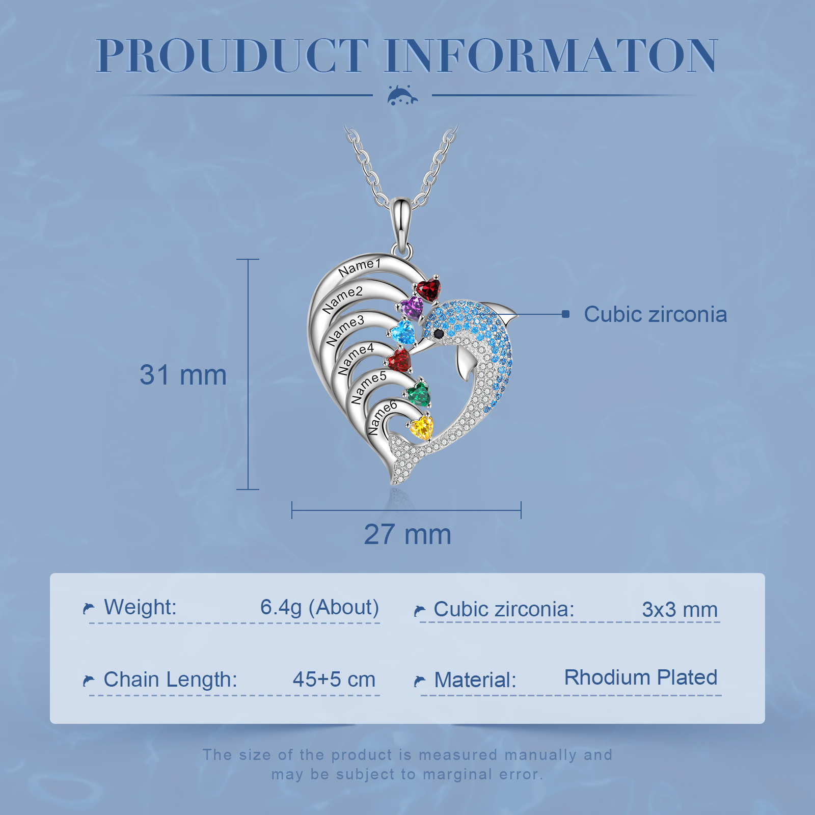 Personalised Heart Dolphin Necklace With 6 Birthstones Engraved Names Gift For Her-Jessemade AU