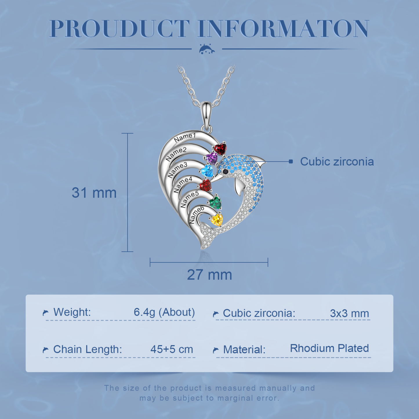 Personalised Heart Dolphin Necklace With 6 Birthstones Engraved Names Gift For Her-Jessemade AU