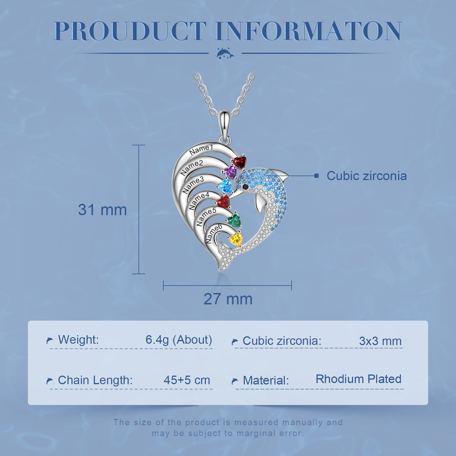 Personalised Heart Dolphin Necklace With 6 Birthstones Engraved Names Gift For Her-Jessemade AU