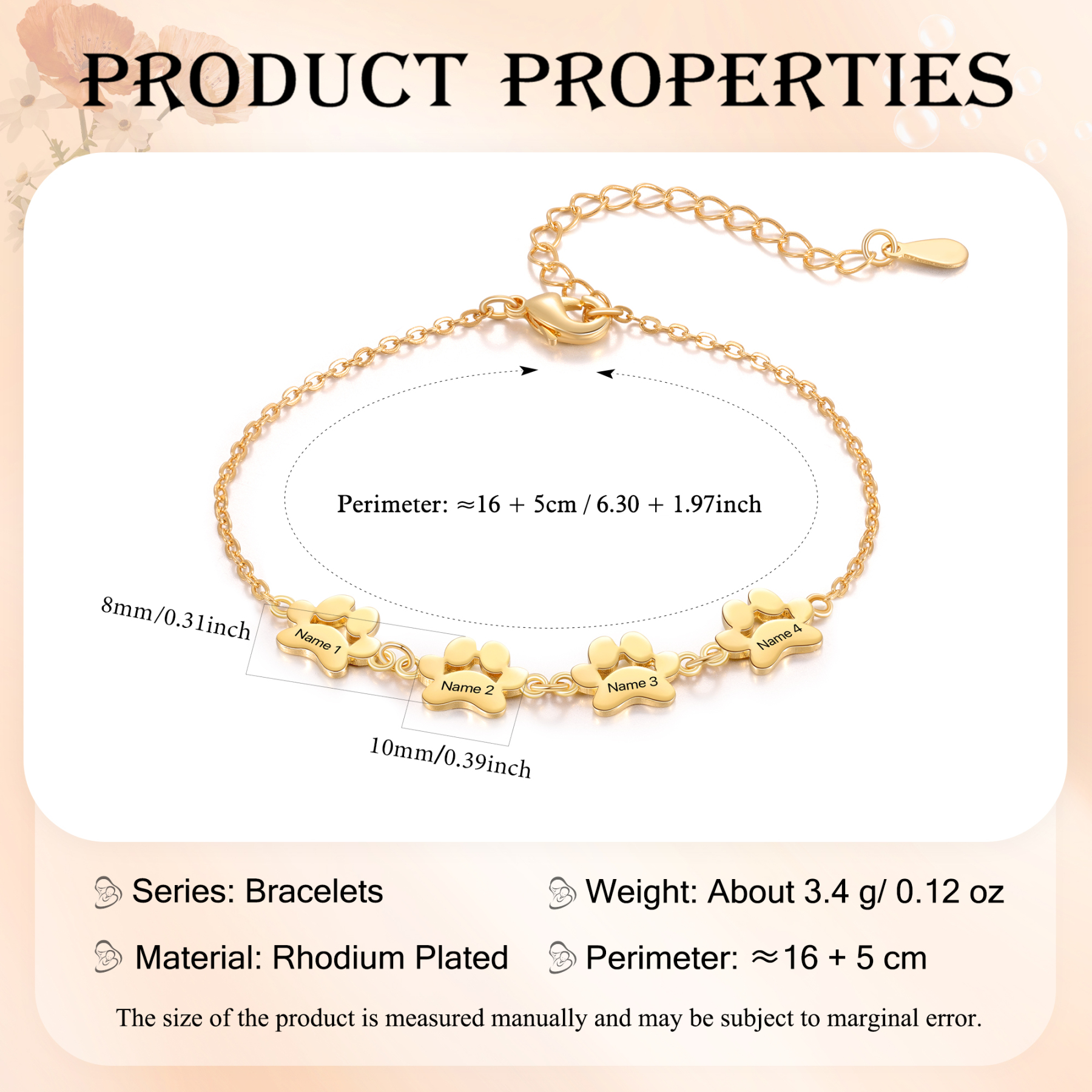 Pet Paw Custom 4 Names Bracelet Gold Adjustable Bracelet Dog Cat Paw Personalised Birthday Gift for Her-Jessemade AU